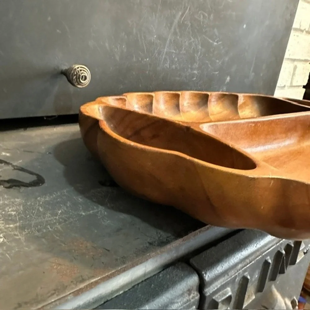 Vintage Monkey Pod Wood Serving Tray Scalloped 4 Compartment Platter Brown 18in